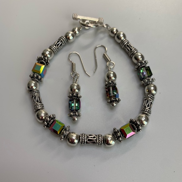 Silpada Sterling Silver & Iridescent Bead CATCH THE LIGHT Bracelet/Earring Set - Picture 1 of 16
